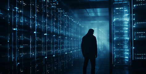 Mysterious silhouette of a hacker in a dark forest. 3d rendering