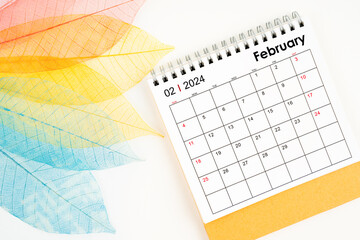 February 2024 monthly desk calendar and fiber structure of dry leaves texture, skeleton leaf.