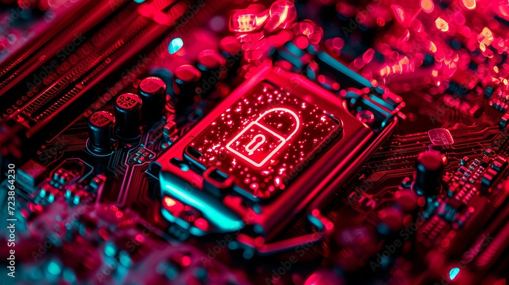 Poster shining lock icon on cpu with interactive holographic security elements for data protection