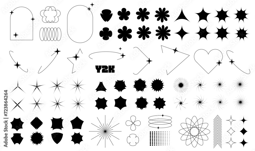 Poster y2k aesthetic shape modern simple graphic of sparkles and flowers set. retro geometric shape with st