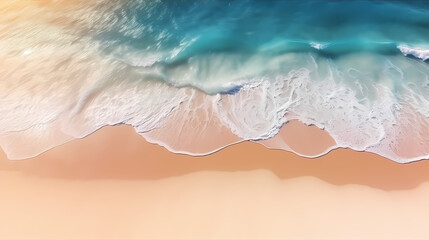 Sandy beach with light blue transparent water waves and sunlight, tranquil aerial beach scene