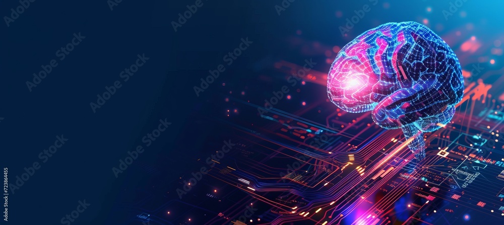 Poster holographic brain icon on cpu with data security elements text placement space