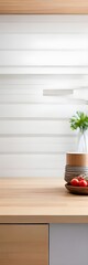Blurry white light fills the empty room with a wooden interior, showcasing a modern window, food display, and design texture on the top counter. The wall space features a wooden tabletop, white.
