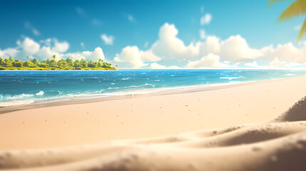 Obraz premium Sandy beach with light blue transparent water waves and sunlight, tranquil aerial beach scene