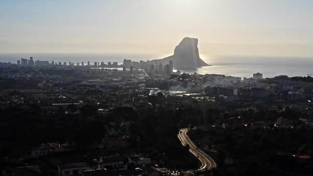 Sunrise in calpe spain city aerial view
