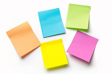 Fototapeta premium Colorful Set of sticky notes isolated on copy space white background, Empty blank note papers stick on white notice board, collection of abstract sticky paper sheets, colorful paper wallpaper concept