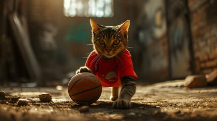 Action photograph of cat wearing a red t-shirt playing basketball Animals. Sports