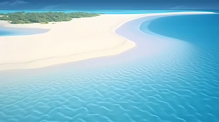 Sandy beach with light blue transparent water waves and sunlight, tranquil aerial beach scene