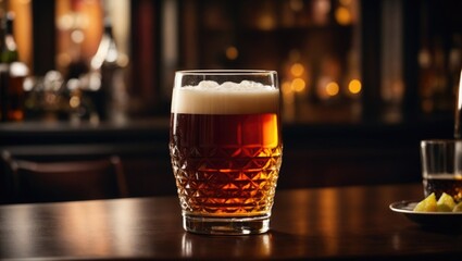 a pint of beer sitting on a bar, glass with rum - obrazy, fototapety, plakaty