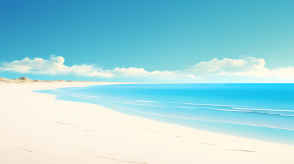 Fototapeta premium Sandy beach with light blue transparent water waves and sunlight, tranquil aerial beach scene