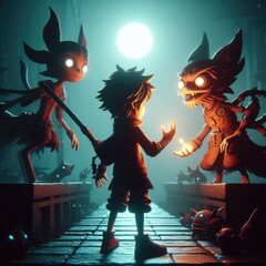 a digital artwork featuring a stylized character and two creatures in a dimly lit environment