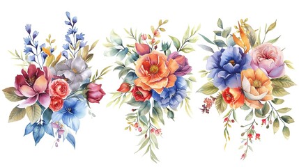 Beautiful bunch flowers set watercolor design, generative ai, 