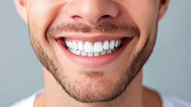 Cropped image of smiling man with white teeth isolated on grey background. concept of hygiene and health of teeth and oral cavity. daily care and brushing of teeth.