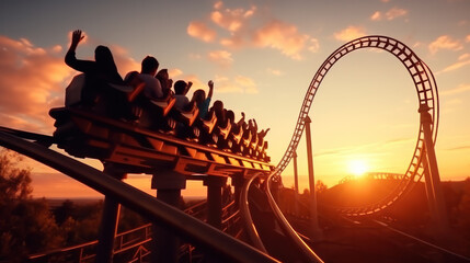 Amusement park silhouette, Loop. Thrilling roller coaster ride. - obrazy, fototapety, plakaty
