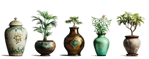 collection Set of different styles of retro vantage and modern vase and interior plants pots furniture cutouts png - Generative AI