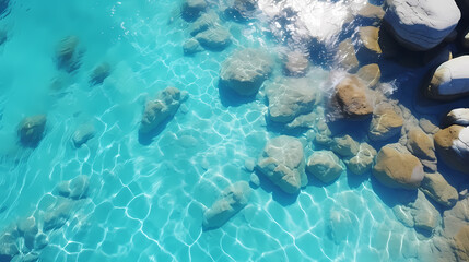 Obraz premium Sandy beach with light blue transparent water waves and sunlight, tranquil aerial beach scene