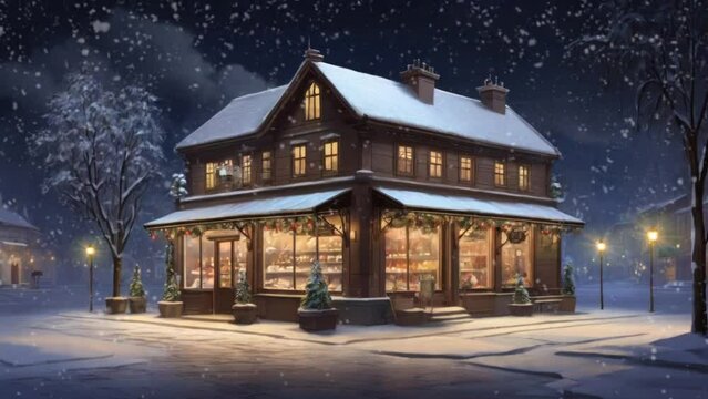 Shop or restaurant in the city in a snowy winter evening. Japanese cartoon or anime painting style. seamless looping virtual video animation background