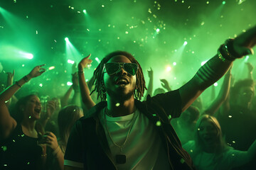 Party man dance in techno club spotlight. Happy guy with hands up raving in night club laser lights show. Trance music with green neon background