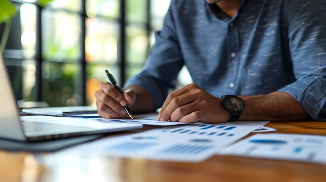 a close-up image featuring a business man's hand taking notes on a presentation handout
