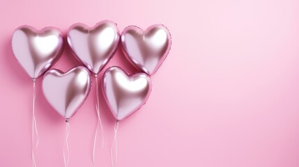 Fototapeta premium Foil balloons in the shape of a heart on a pink background. The concept of love. Decoration for Valentine's Day or wedding, women's day. A place for the text.