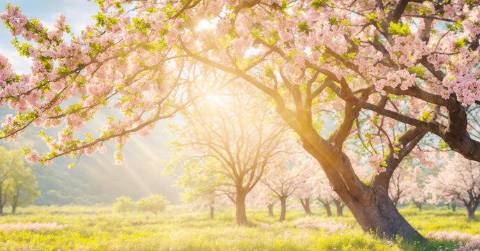 The image features a sunny meadow with a grove of blooming cherry trees. The bright sunlight shines through the branches, illuminating the white blossoms. The grass is a bright green and there are