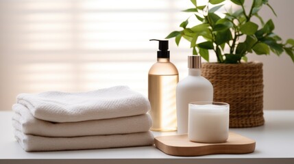 White bottles of soap or shampoo on the table in the bathroom. White cotton towels are stacked. Stylish interior and hygiene items.