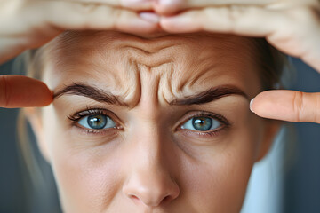 The young woman furrows her forehead. Concept of headaches and remedies for expression lines - obrazy, fototapety, plakaty