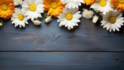 Fototapeta premium daisies on wooden background top view. daisy flowers isolated on blue wooden background for spring time Mother's Day. White and yellow daisy flower background. floral frame. floral background