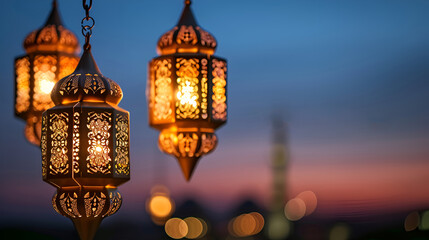 An Arab lantern hangs on the evening street, Ramadan