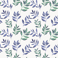 Creative simple artistic leaves branches seamless pattern on a light background. Gently tiny leaf stems botanical motifs scattered randomly. Bright retro foliage printing. Vector drawn illustration.