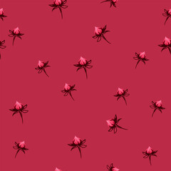 Minimalist seamless pattern with rose flowers buds. Simple abstract floral painting on a burgundy background. Vector hand drawn sketch. Design for printing, fabric, fashion, textile