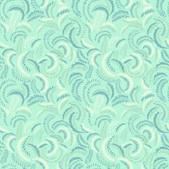 Stylized floral branches with tiny shapes dots, drops, spots seamless pattern. Monocrome green pastel background with abstract textured twisted stems. Simple monogram printing.Template for design