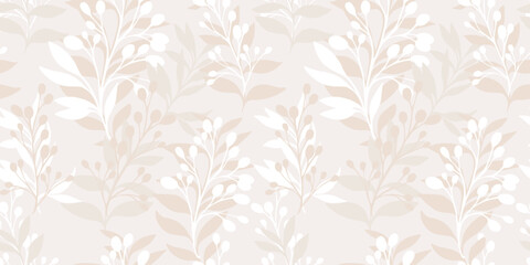Monotone pastel beige tropical stems seamless pattern. Simple artistic silhouettes leaves branches background. Vector hand drawn stylized, shapes. Design for fashion, fabric, textiles, printing