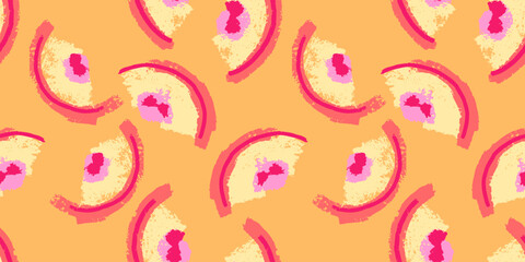 Trendy vibrant pattern with red lines shapes strokes brush. Simple geometric background with abstract textured semicircle with spots, dots, drops. Vector hand drawn sketch. Design for printing, fabric