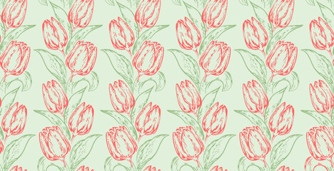 Blossoms stylized branches leaves with tulips seamless pattern. Vector drawn illustration red lines outlines flowers and green leaf.Vintage spring botanical printing on light background.