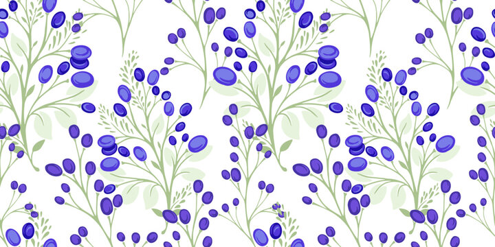Seamless pattern with decorative creative branches leaves with shapes drops, spots, dots. Abstract stylized floral stems with blue berries on a white background. Vector drawn illustration.