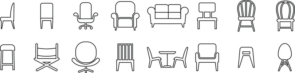 Chair and seating icon set black line collection. Office chair, armchair and sofa vector isolated on transparent background. Chairs of different shapes and styles. classical and modern symbol
