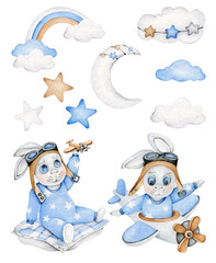 Naklejka premium Baby set:cute rabbit,airplane,cloud,star,moon,rainbow.Baby boy.Toy plane.Endless baby background.Bedtime.Sweet dreams.Creative cartoon bunny.Good night