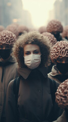 Woman wearing epidemic themed mask - obrazy, fototapety, plakaty