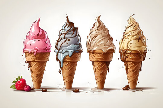 Front view of isolated ice creams illustration or cartoon on white background