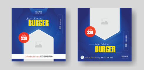 Fototapeta premium Burger social media square size banner design for your fast food restaurant menu business promotion, delicious burger food menu post layout design with gradient shapes. 