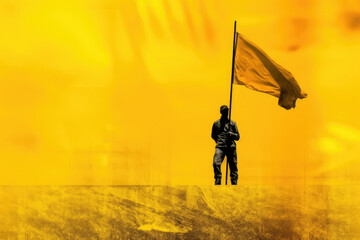 Worker holding flag on yellow background