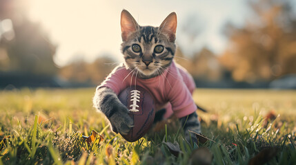 Action photograph of cat wearing a pink t-shirt playing american football Animals. Sports