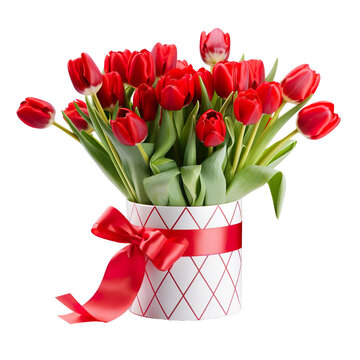 Fresh spring red tulips in vase with heart present box Isolated on transparent background.