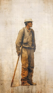 Worker in white helmet holding wooden stick