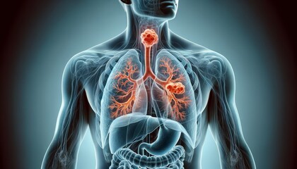 Medical Illustration of Human Respiratory System with Tumors in Lungs - obrazy, fototapety, plakaty