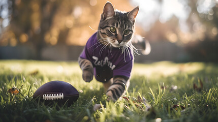 Action photograph of cat wearing a purple t-shirt playing american football Animals. Sports
