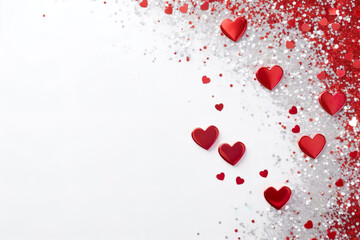 Valentine's Day. Red and silver glitter hearts on white background. Space for text.