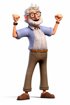 A man in his senior years, an old gentleman, happy, wearing casual and comfortable clothes, very happy and cheerful. 3D rendering concept design illustration.