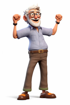 A man in his senior years, an old gentleman, happy, wearing casual and comfortable clothes, very happy and cheerful. 3D rendering concept design illustration.